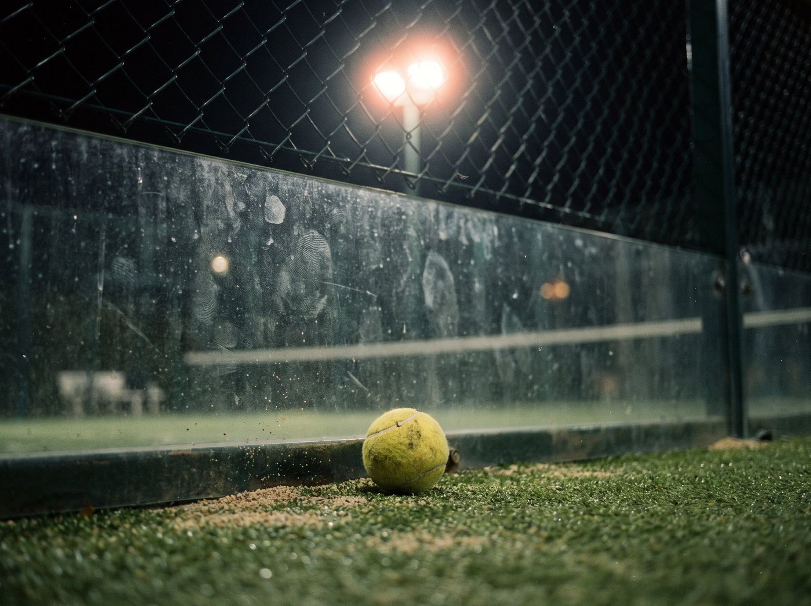 A worn padel ball resting against the foot of a glass court wall under floodlight.