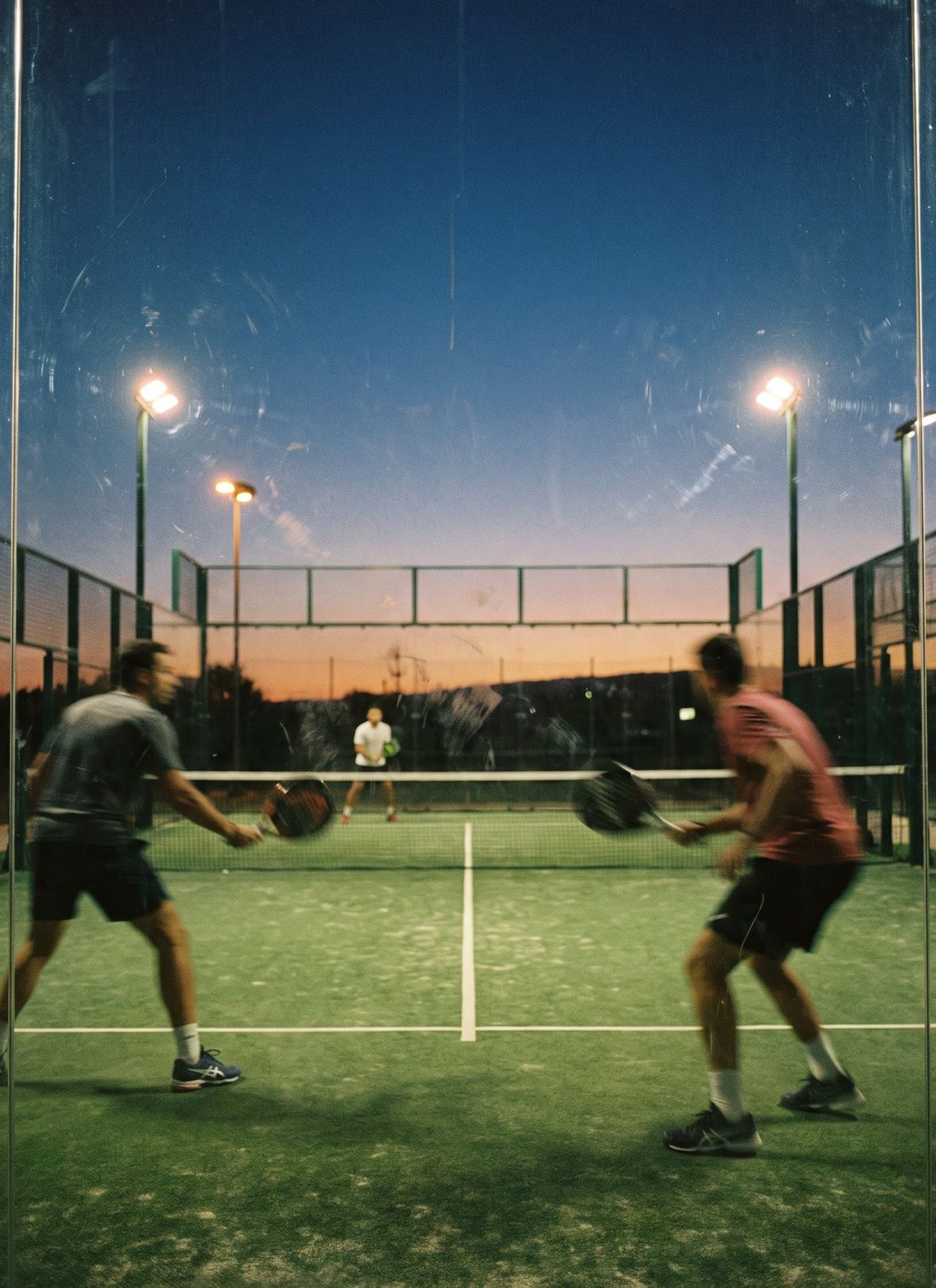 Two players mid-rally at dusk, seen through the glass back wall as the floodlights come on.